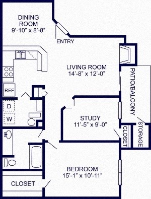 Floor plan for 2 beds, 2 baths, 885 sqft
